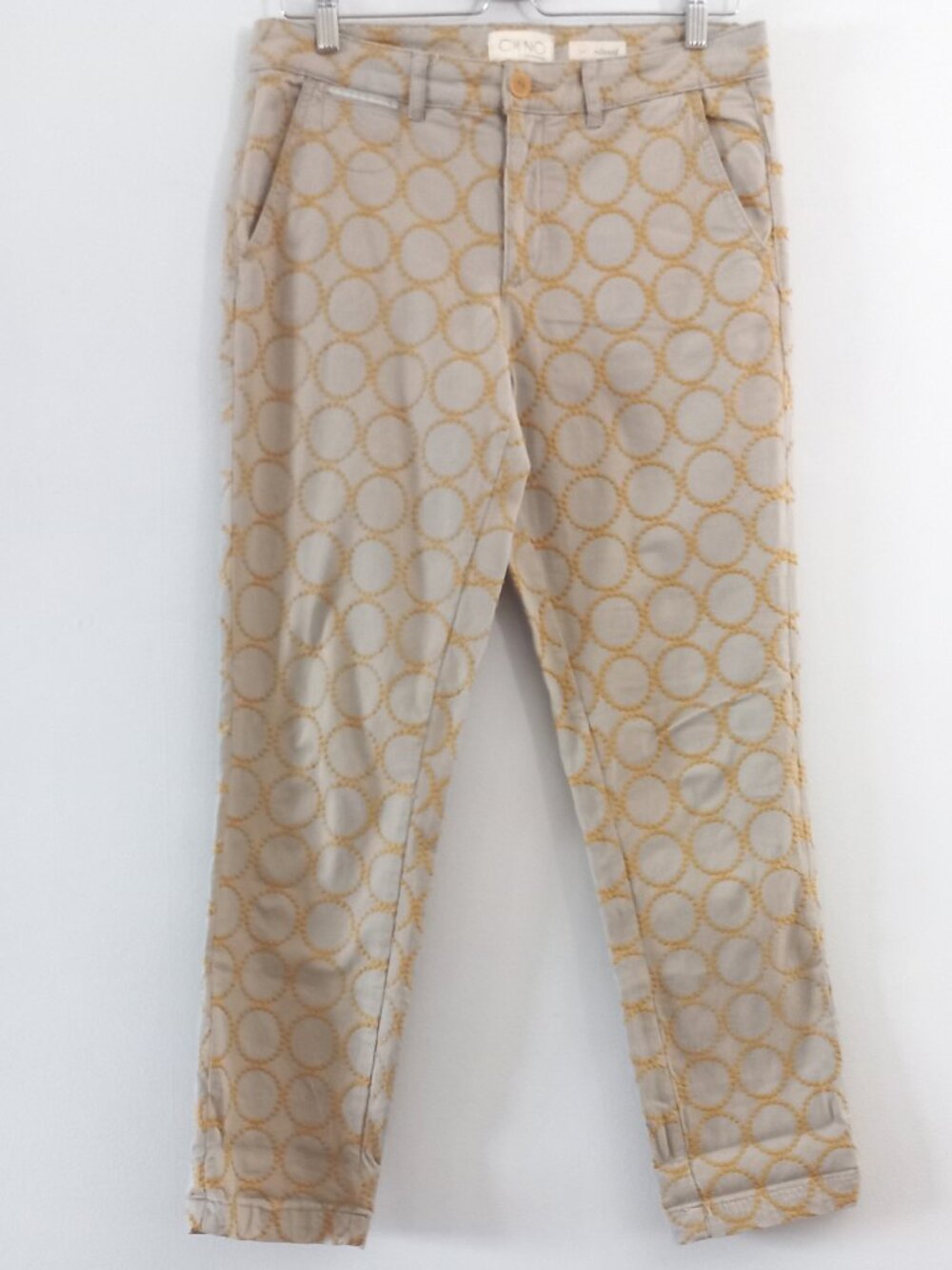 ANTHROPOLOGIE Chino beige khaki embroidered circles pantss